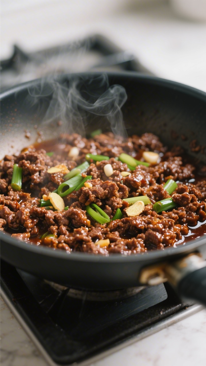 Cooking process close-up: Sizzling Korean-style ground beef in a wide skillet, browned and glossy as