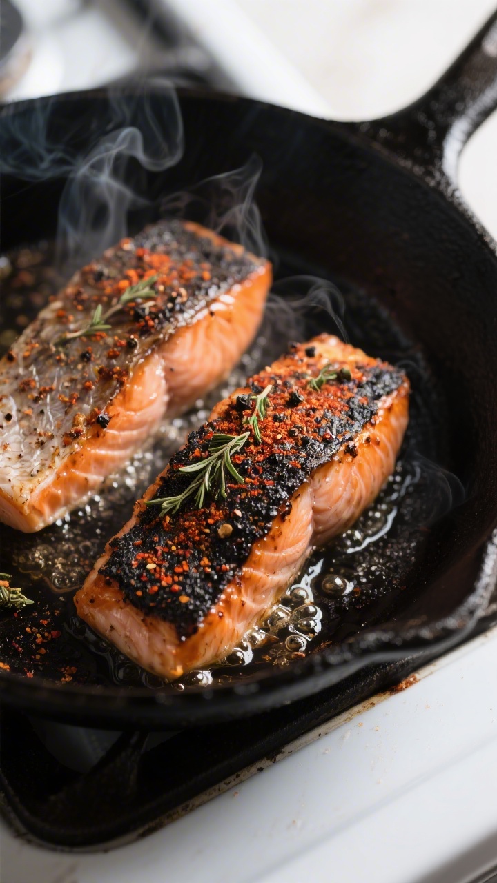 Cooking process close-up: Skin-on salmon fillets in a hot cast-iron skillet, mid-sear, showing a dee