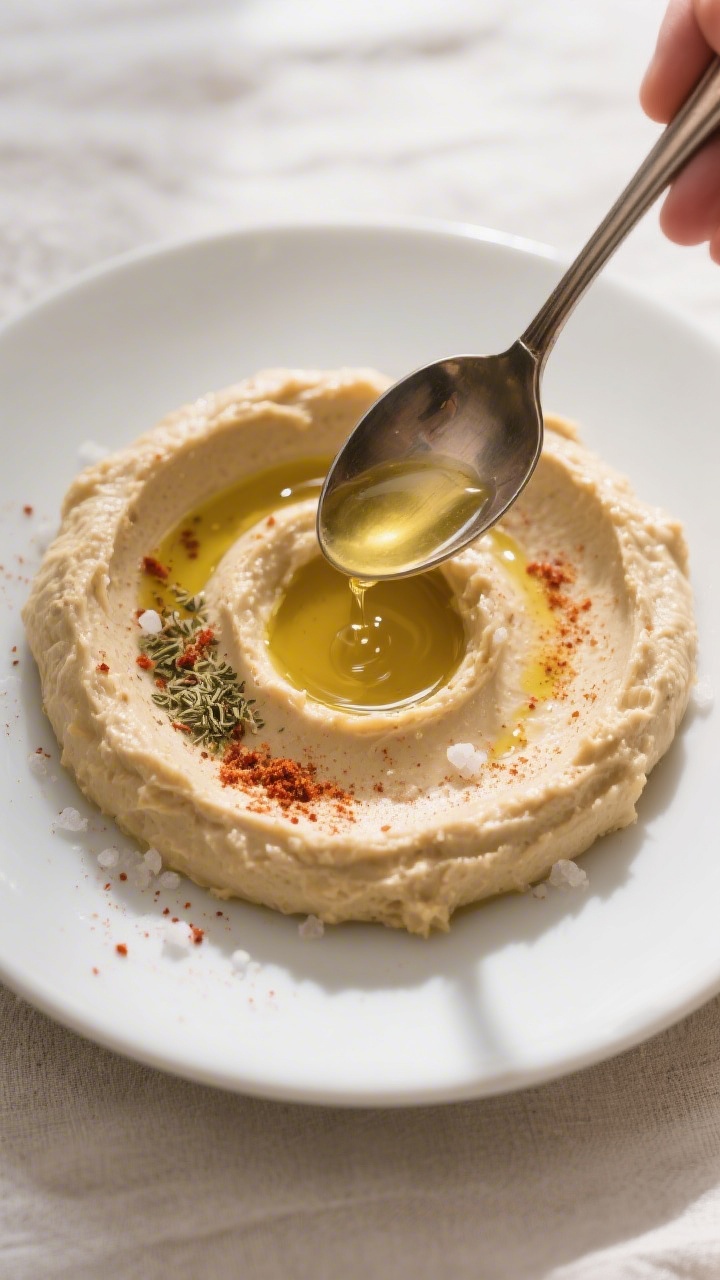 Cooking process close-up: Spoon swirling a wide, creamy mound of prepared hummus on a matte white pl