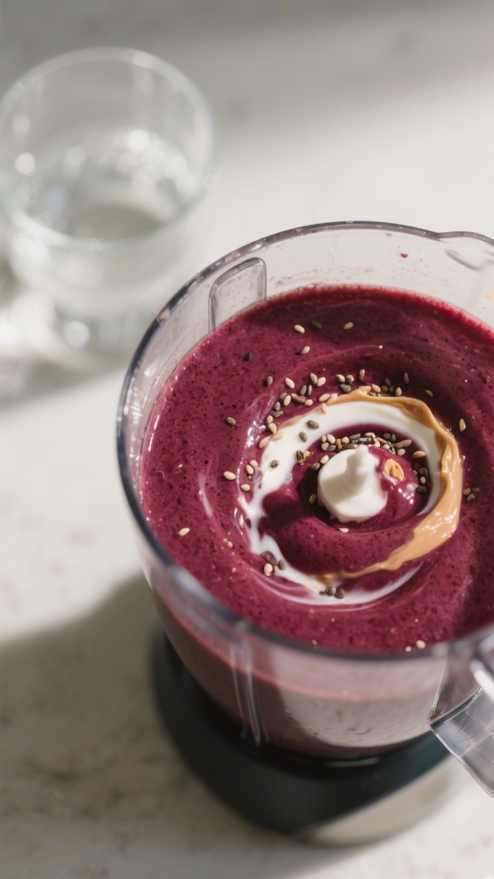 Cooking process close-up: Thick cherry almond protein smoothie mid-blend in a high-speed blender jar