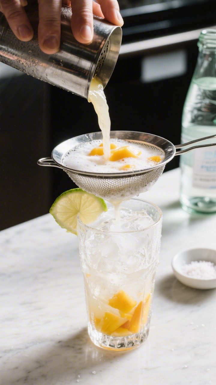 Cooking process: Cocktail shaker mid-action just after shaking, the frothy, well-chilled mango-vodka