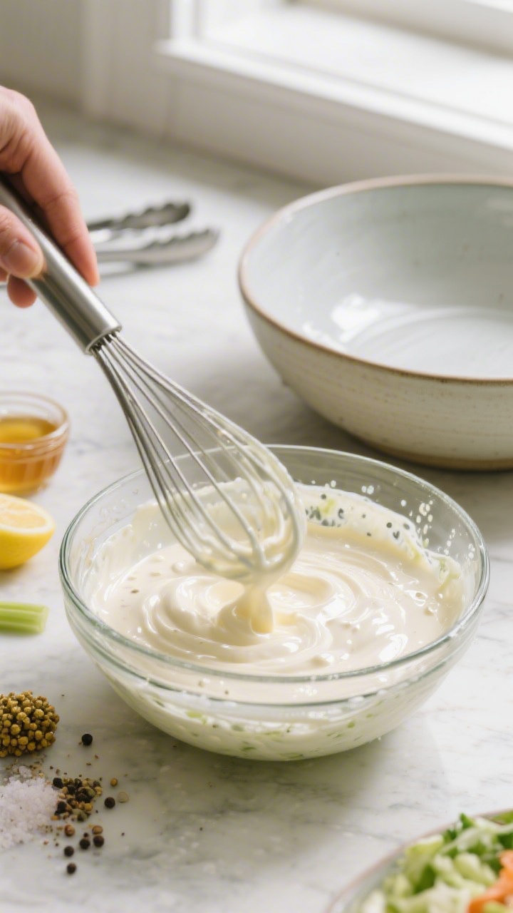 Cooking process: Coleslaw dressing being whisked to a smooth, glossy consistency in a glass bowl—m