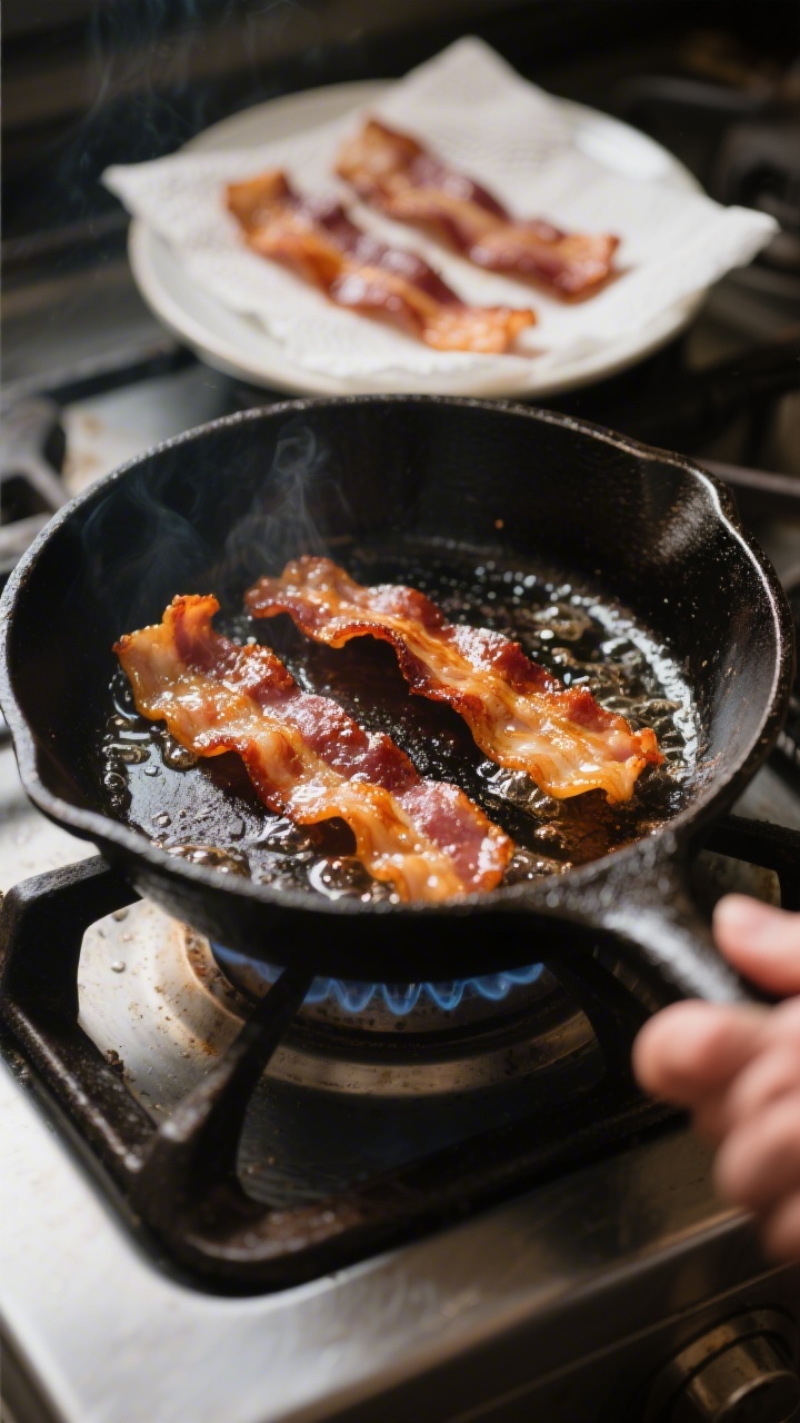 Cooking process: Crisp bacon sizzling in a cast-iron skillet over medium heat, golden-brown edges cu