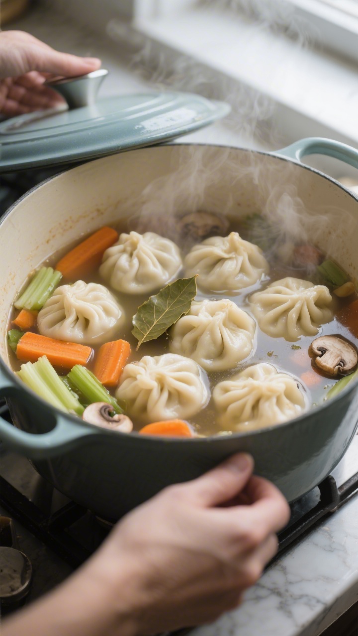 Cooking process: Dumplings just dropped into a gently simmering vegan vegetable broth in a wide Dutc