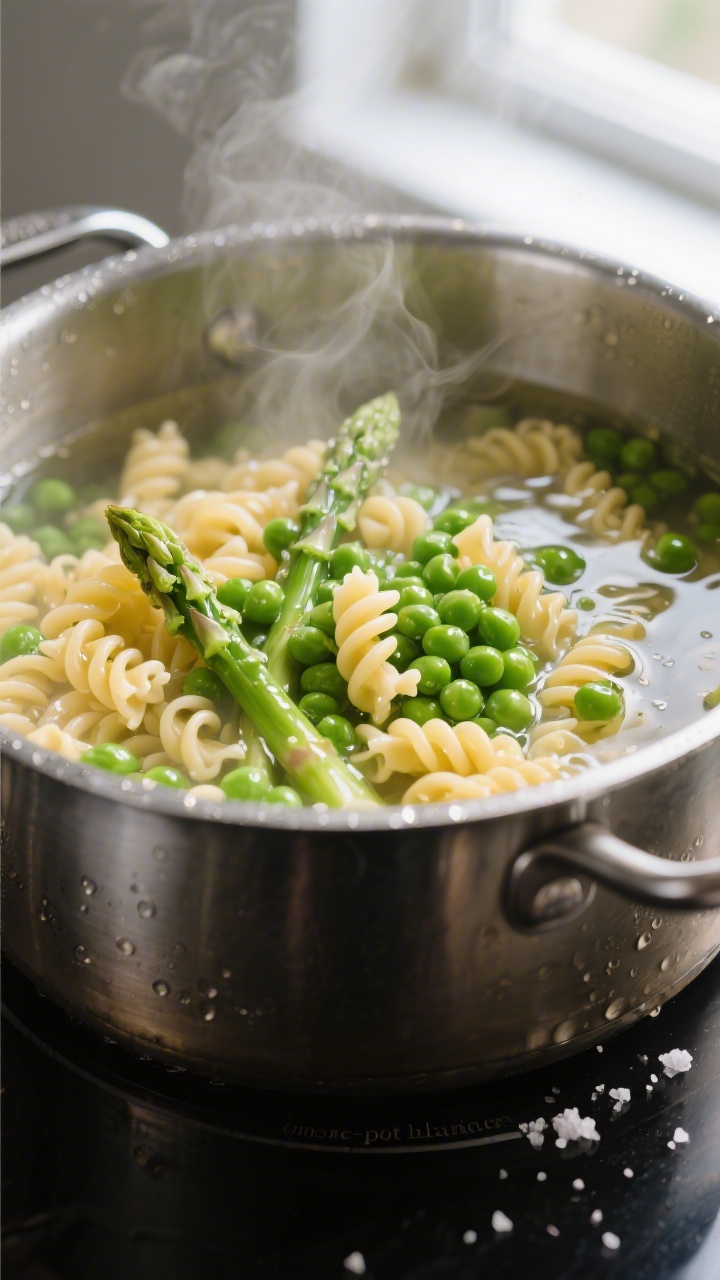 Cooking process: Fusilli and bright green peas just added in the last 2 minutes of boiling, steam ri