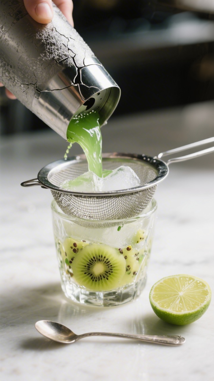 Cooking process: Kiwi-lime-vodka mixture being shaken with ice in a frosty stainless shaker, lid jus