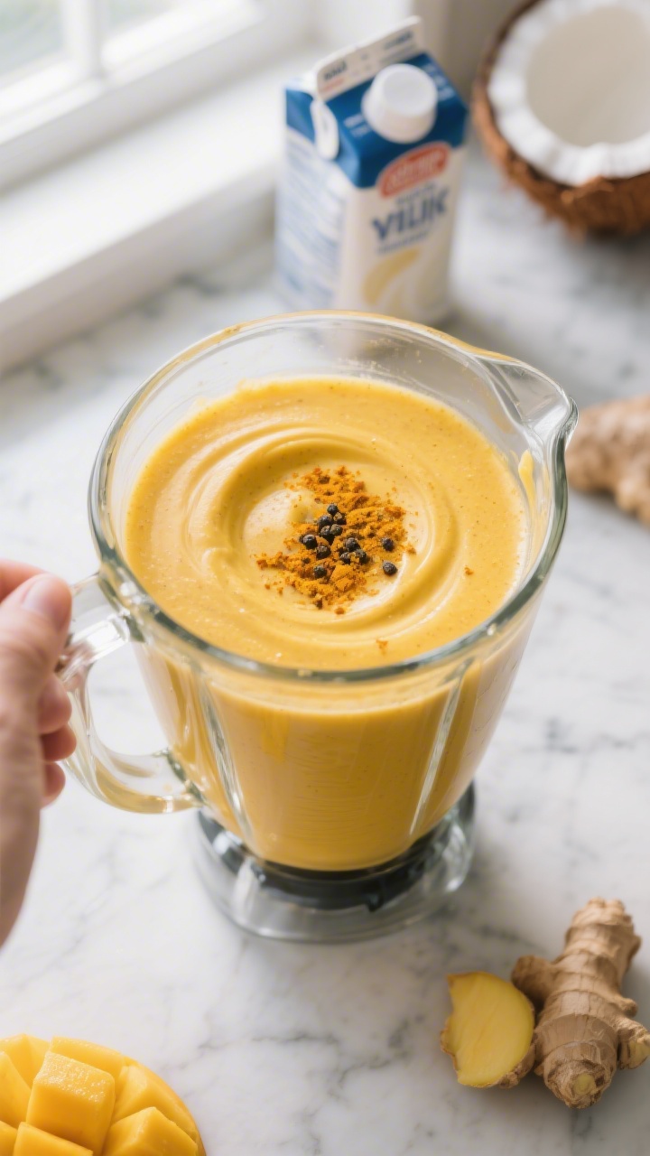 Cooking process — Mango Turmeric Golden Smoothie mid-blend: transparent high-speed blender jar fil