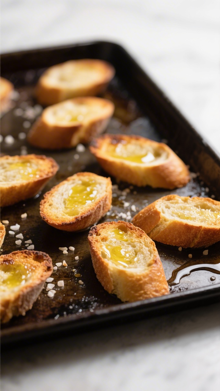 Cooking process, mid-bake crostini: Golden, olive-oil-brushed baguette rounds just out of a 400°F o