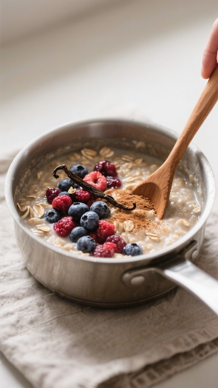 Cooking process: Mixed Berry Oatmeal simmering in a medium saucepan right after adding vanilla and c