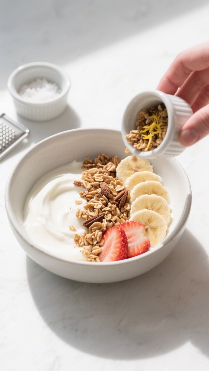 Cooking/process moment: Overhead shot of the bowl being assembled—smooth Greek yogurt already stir