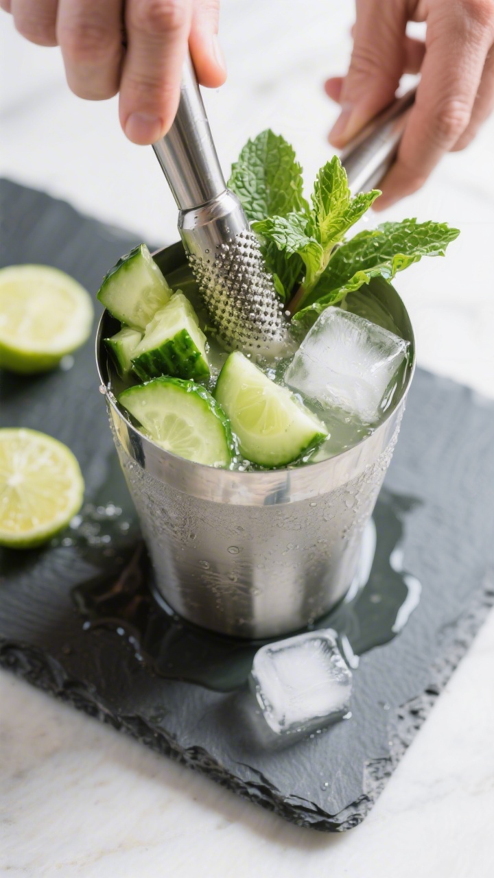 Cooking process: Muddling stage captured overhead—shaker tin with thick cucumber chunks and 4–6
