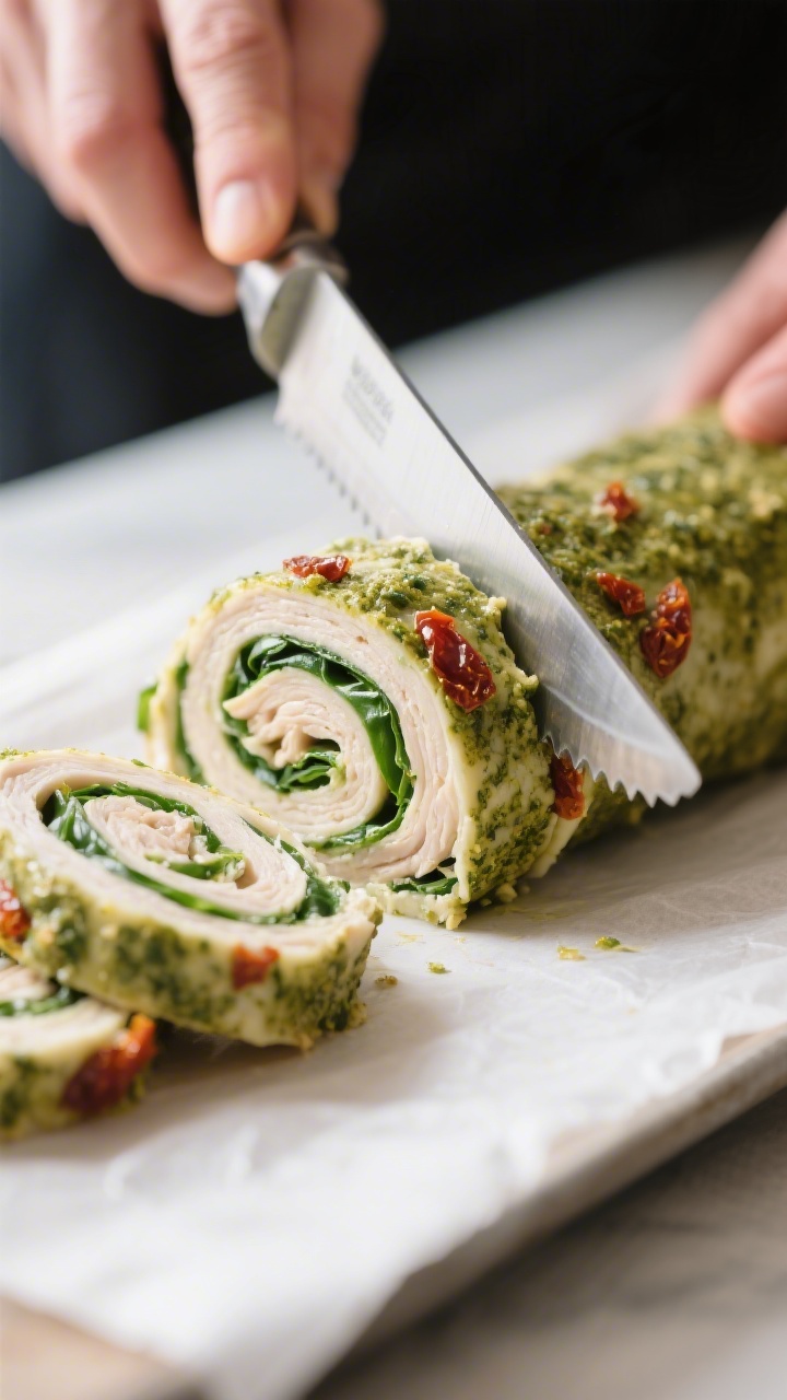 Cooking process: Neatly rolled, chilled pesto chicken logs being sliced with a sharp serrated knife;