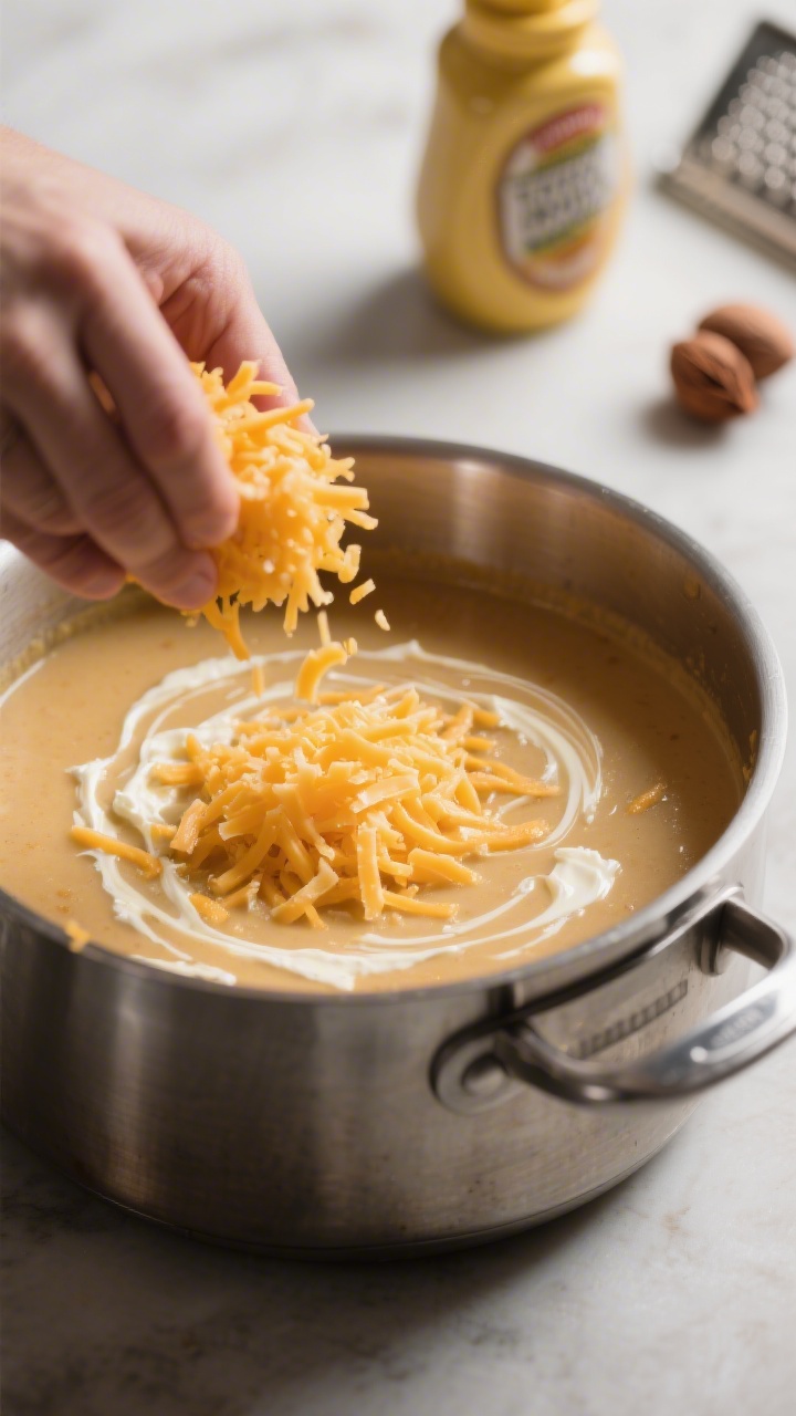 Cooking process: Off-heat shot of the soup in a stainless pot as freshly grated sharp cheddar is bei
