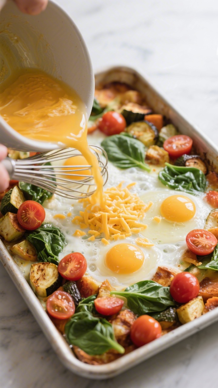 Cooking process, overhead: Pour-and-tilt moment of the veggie egg bake—frothy whisked eggs pooling