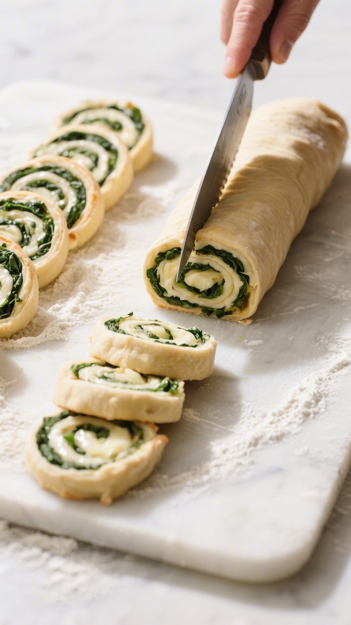Cooking process: Overhead shot of a chilled, tightly rolled puff pastry log being sliced into 1/2–