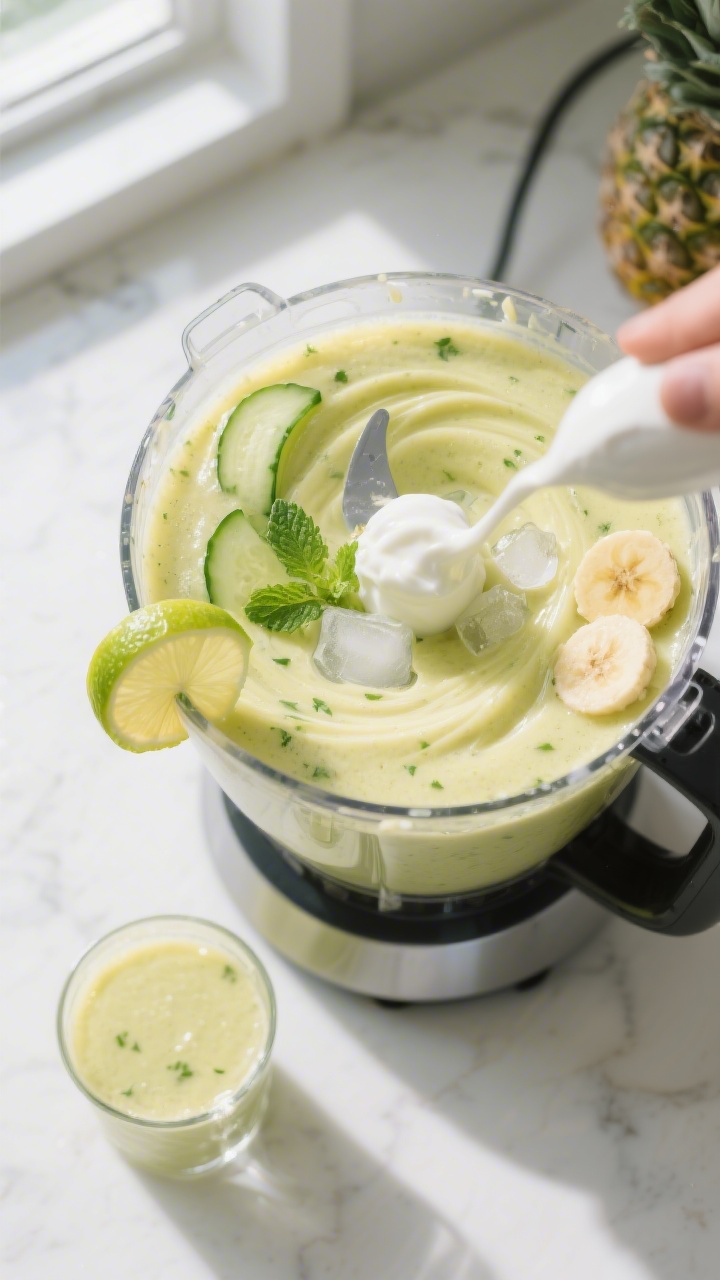 Cooking process: Overhead shot of a high-speed blender mid-blend swirling a vibrant pale-yellow-gree