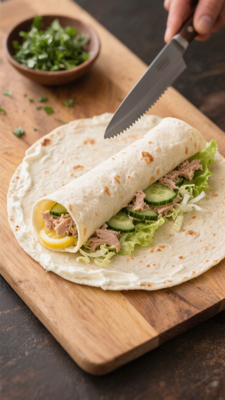 Cooking process: Overhead shot of a nearly finished wrap being rolled tight on a wooden board—tort