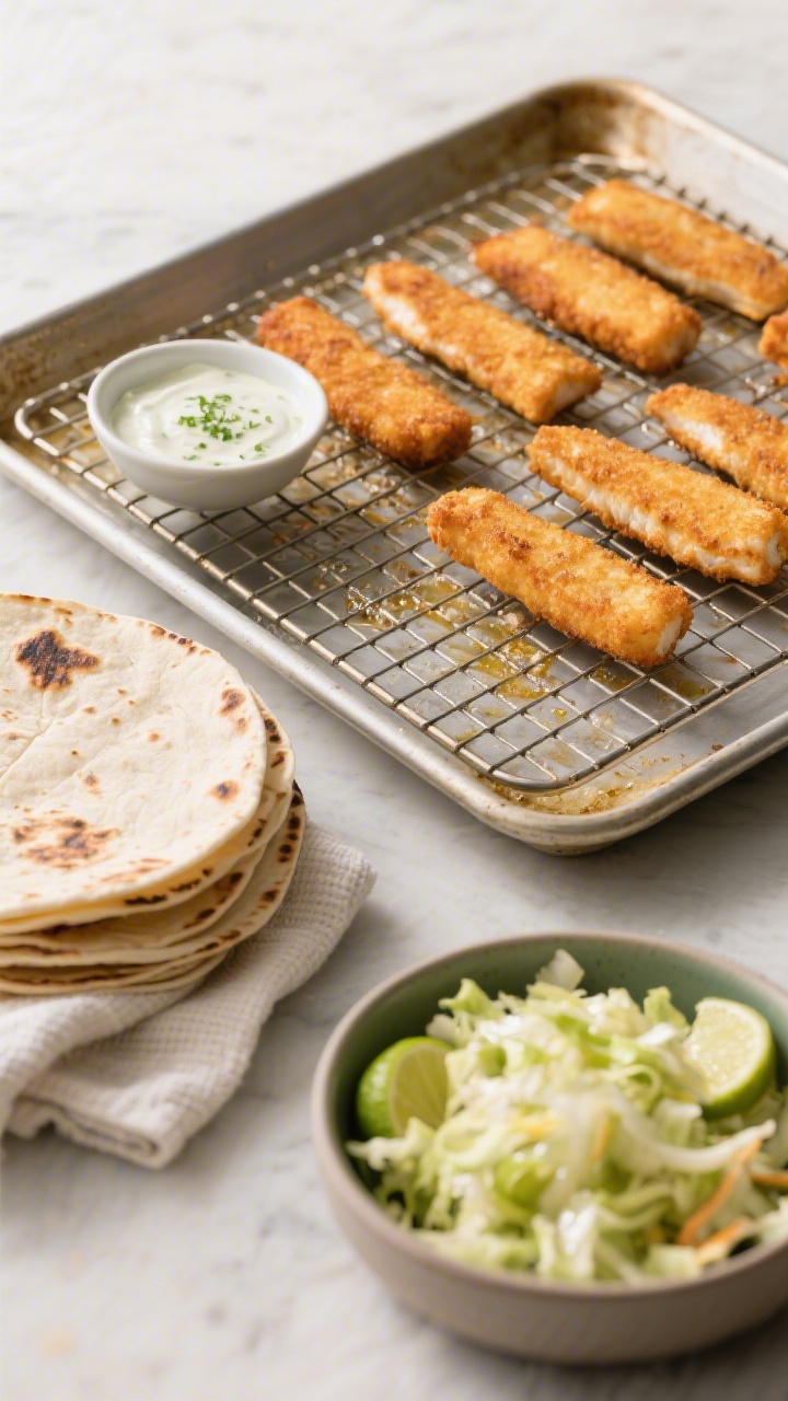 Cooking process: Overhead shot of a sheet pan set on a wire rack with fish sticks fresh from the ove