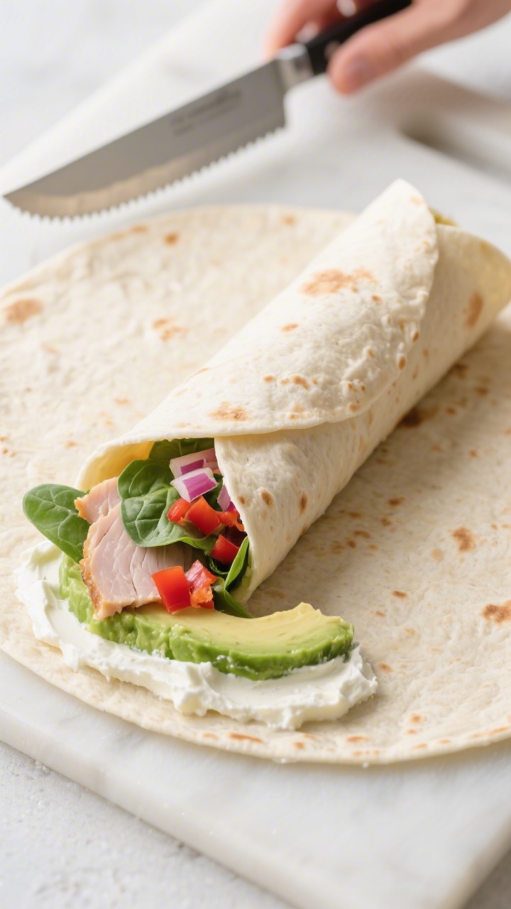 Cooking process: overhead shot of a tortilla being rolled tight on a clean cutting board after layer