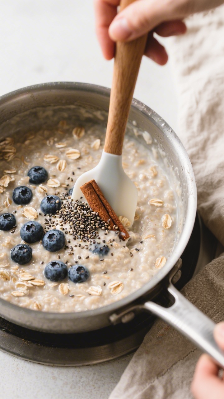 Cooking process: Overhead shot of blueberry chia oatmeal being stirred in a medium saucepan over low
