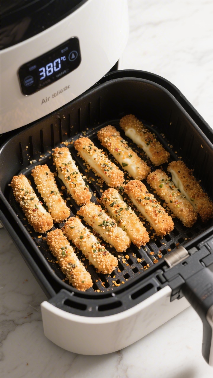 Cooking process: Overhead shot of breaded mozzarella sticks arranged in a single, evenly spaced laye
