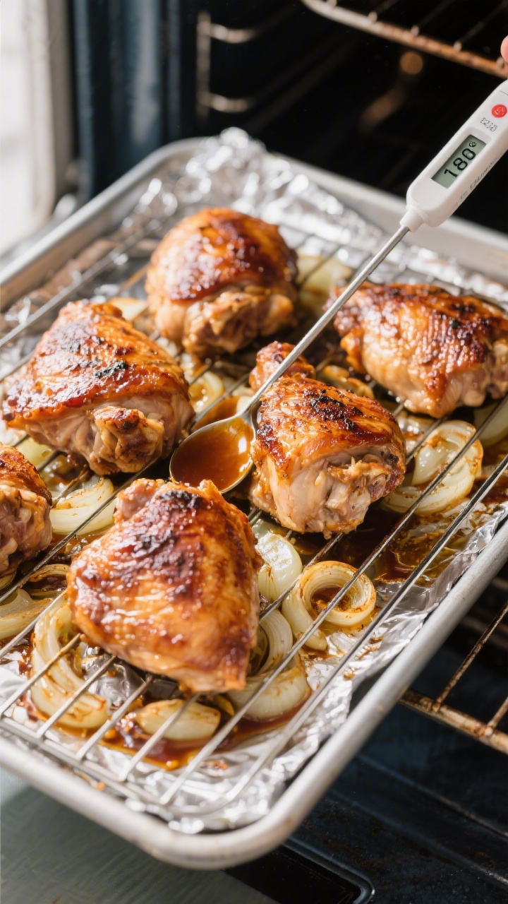 Cooking process: Overhead shot of chicken thighs roasting on a wire rack set over a foil-lined sheet