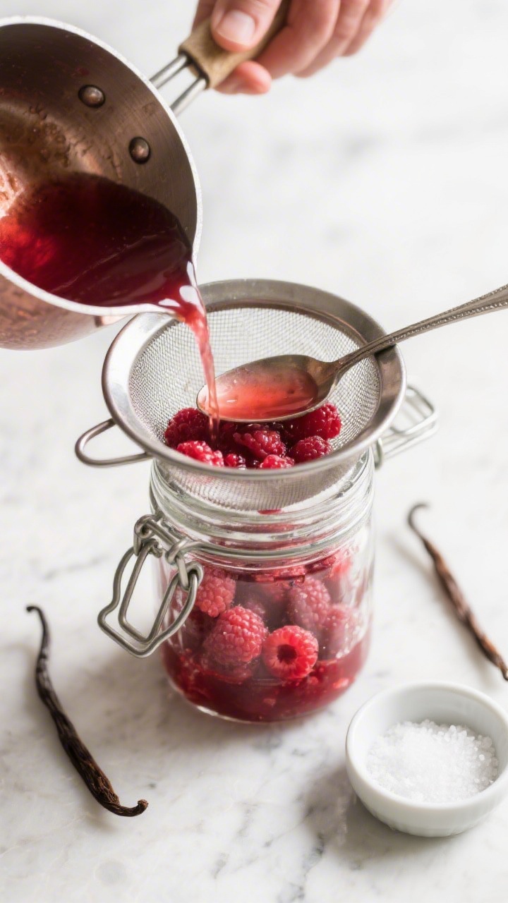 Cooking process: Overhead shot of freshly strained raspberry-vanilla syrup being poured from a small