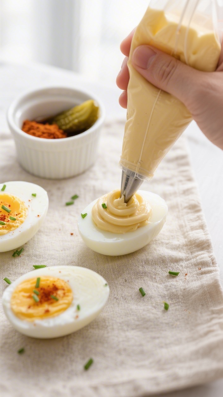Cooking process: Overhead shot of halved hard-boiled eggs with smooth, pipeable yolk filling being n