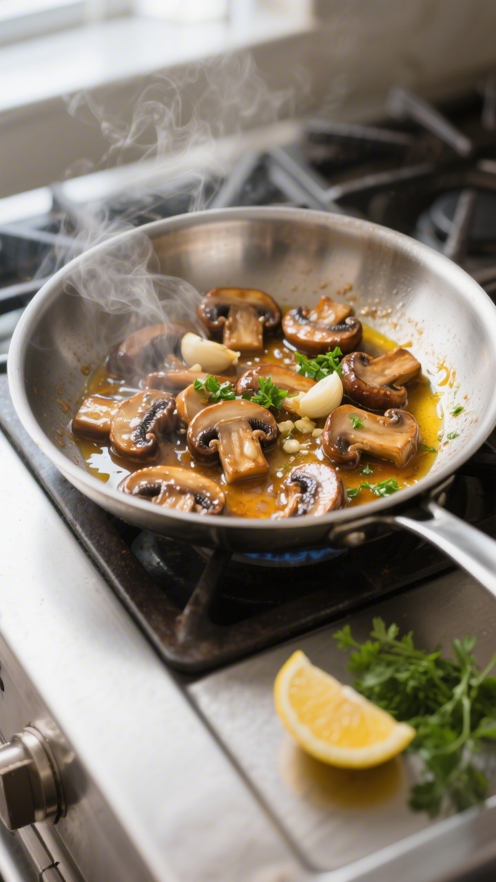Cooking process: Overhead shot of mushrooms sautéing to deep golden in a stainless-steel skillet, c