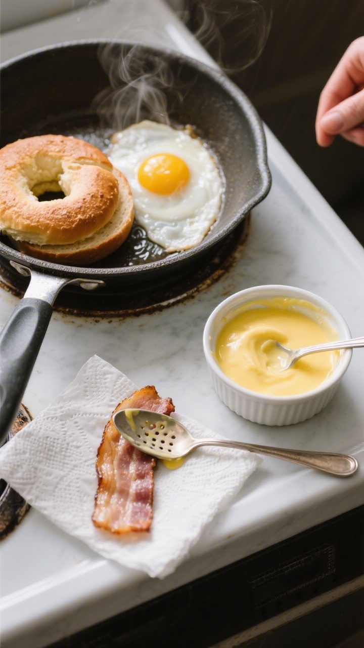 Cooking process: Overhead shot of poached eggs draining on a paper towel beside a skillet with butte