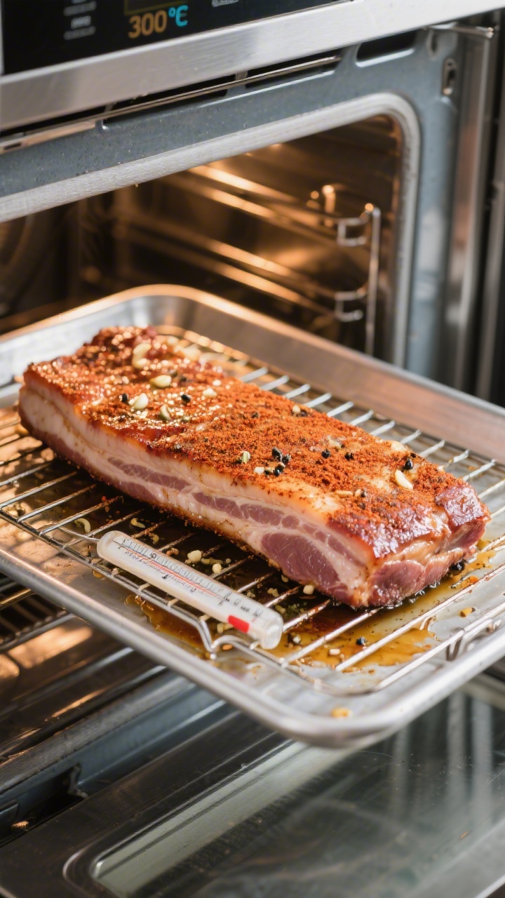 Cooking process: Overhead shot of pork belly on a rack after the low-and-slow render, just before th