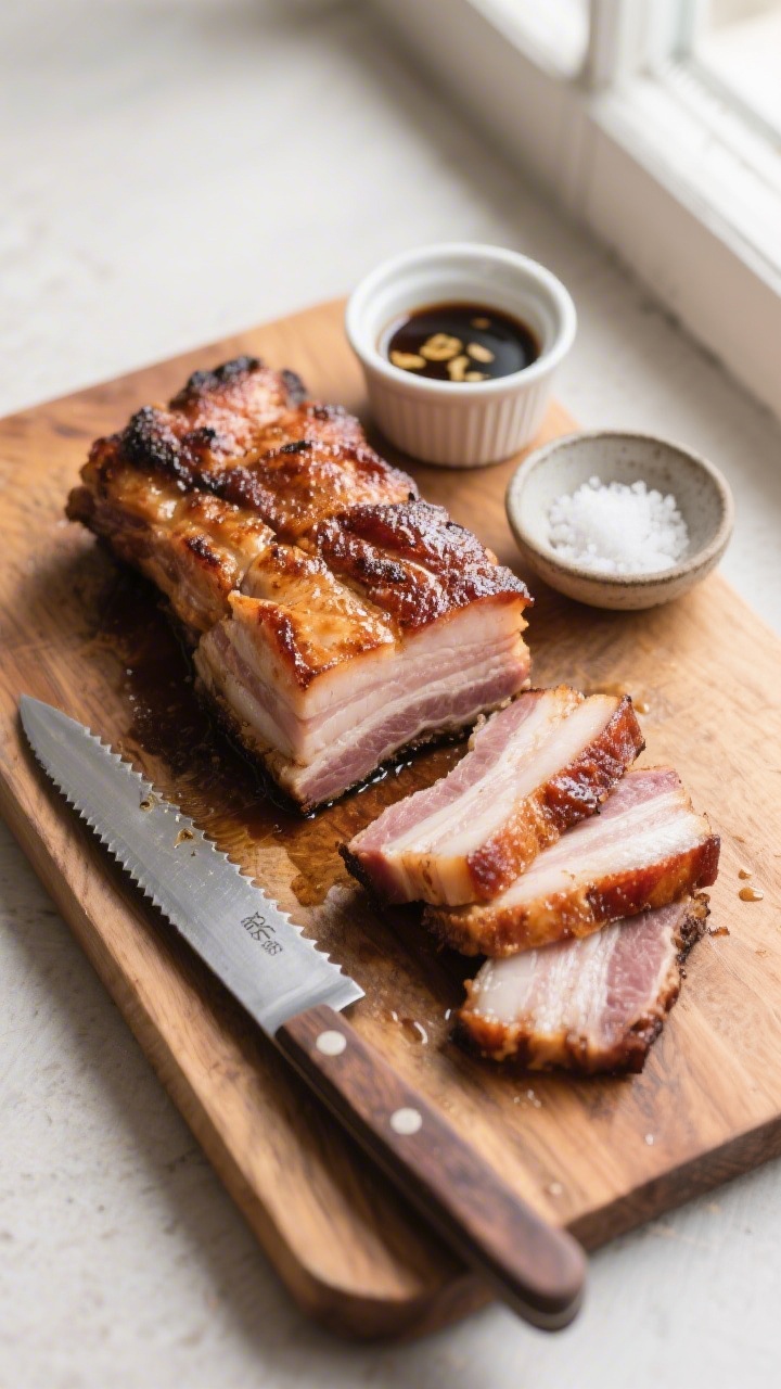 Cooking process: Overhead shot of sliced, fully cooked pork belly resting on a wooden cutting board