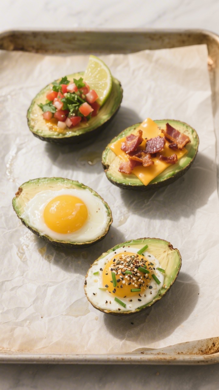 Cooking process: Overhead shot of stabilized avocado halves on a parchment-lined, lightly oiled baki