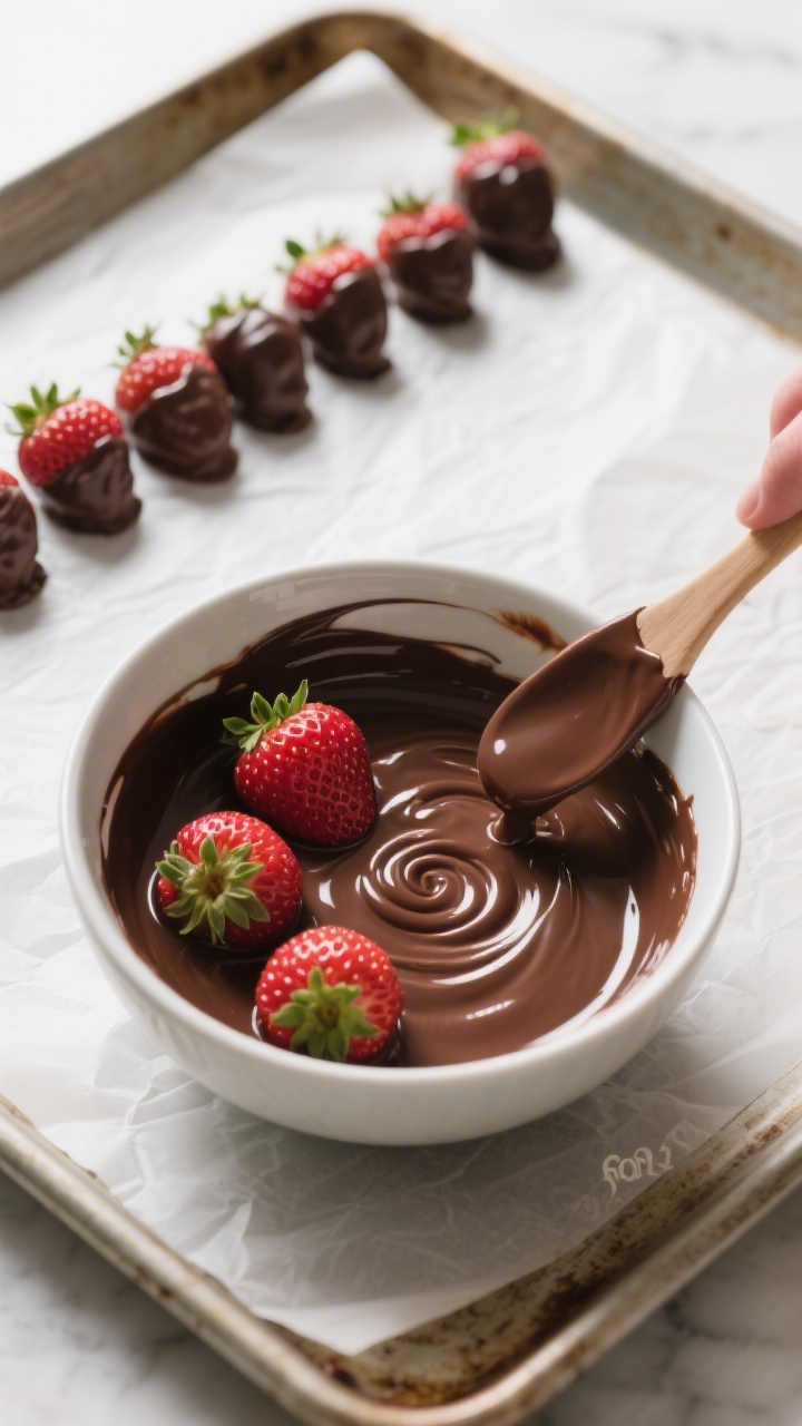 Cooking process: overhead shot of strawberries being swirled in a bowl of melted semi-sweet chocolat