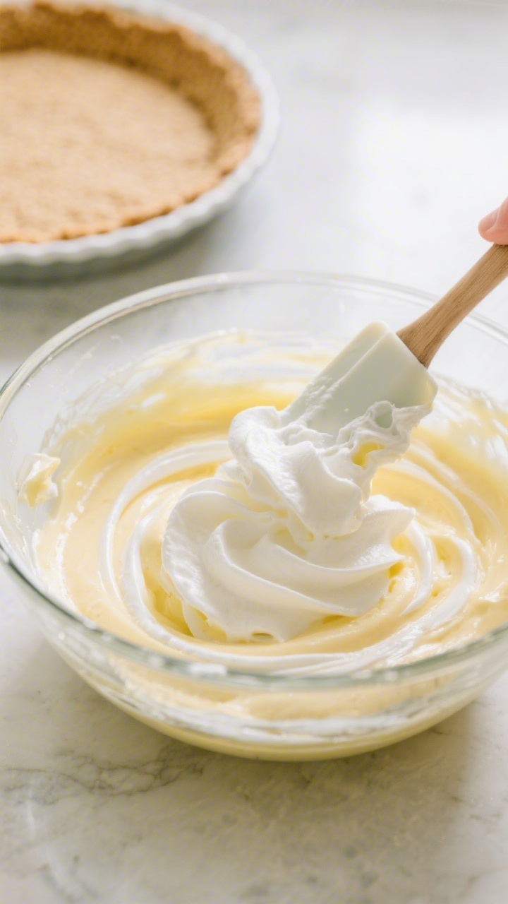 Cooking process: Overhead shot of the airy lemon filling being folded with freshly whipped cream in