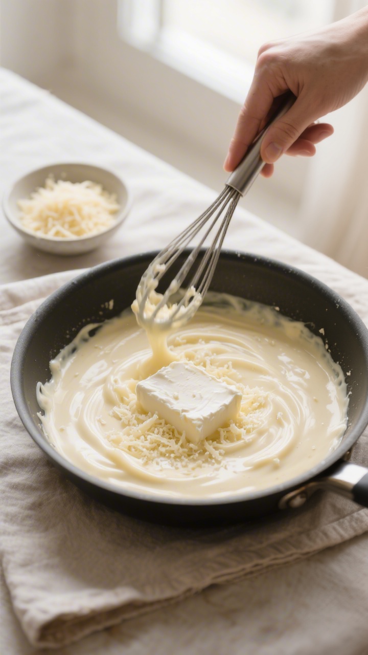 Cooking process: Overhead shot of the Alfredo sauce being built in a skillet—cream gently simmerin
