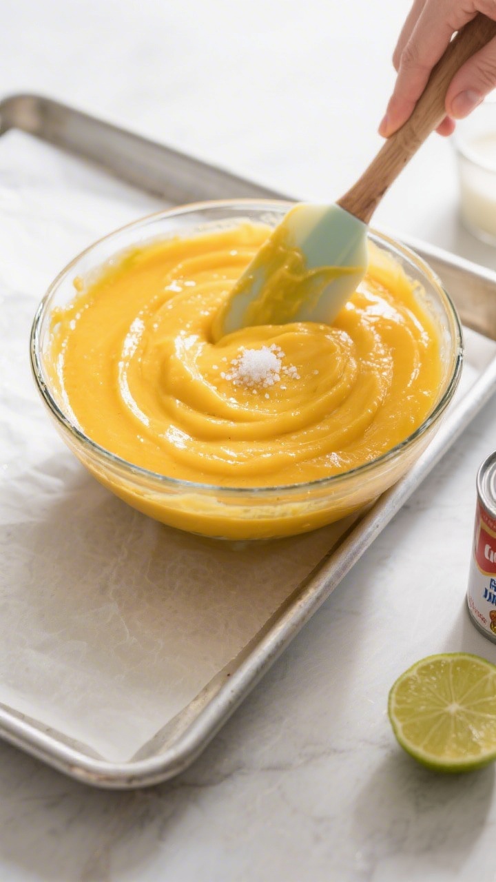 Cooking process: Overhead shot of the blended mango puree being whisked together with sweetened cond
