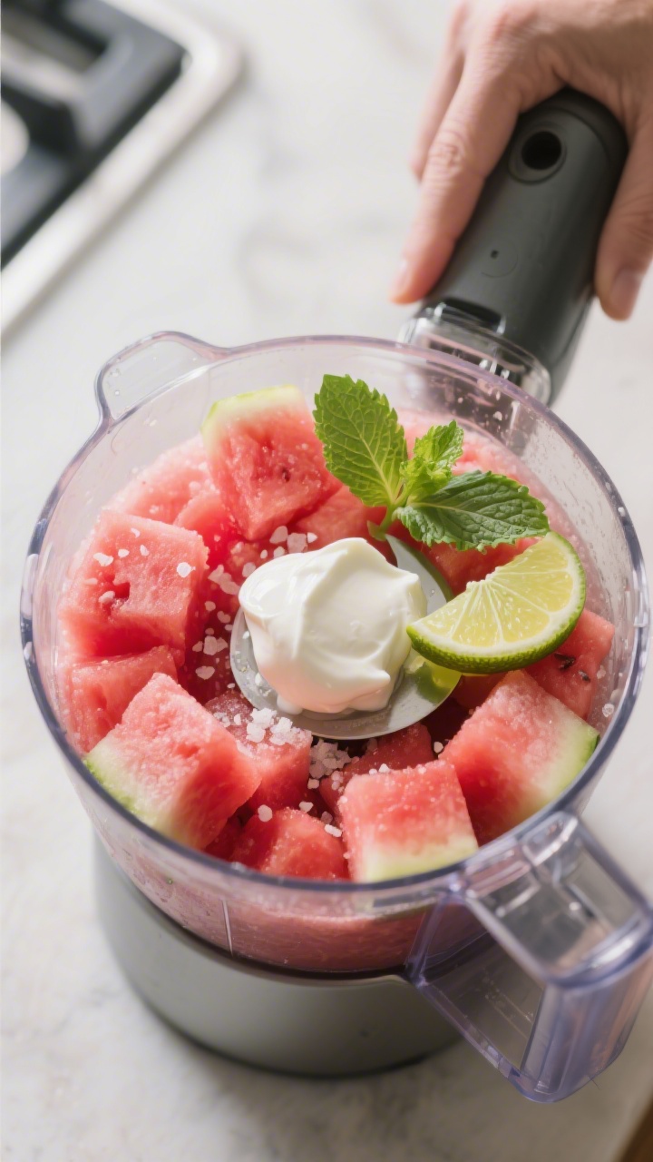 Cooking process: Overhead shot of the blender jar loaded and ready just before blending—frozen wat