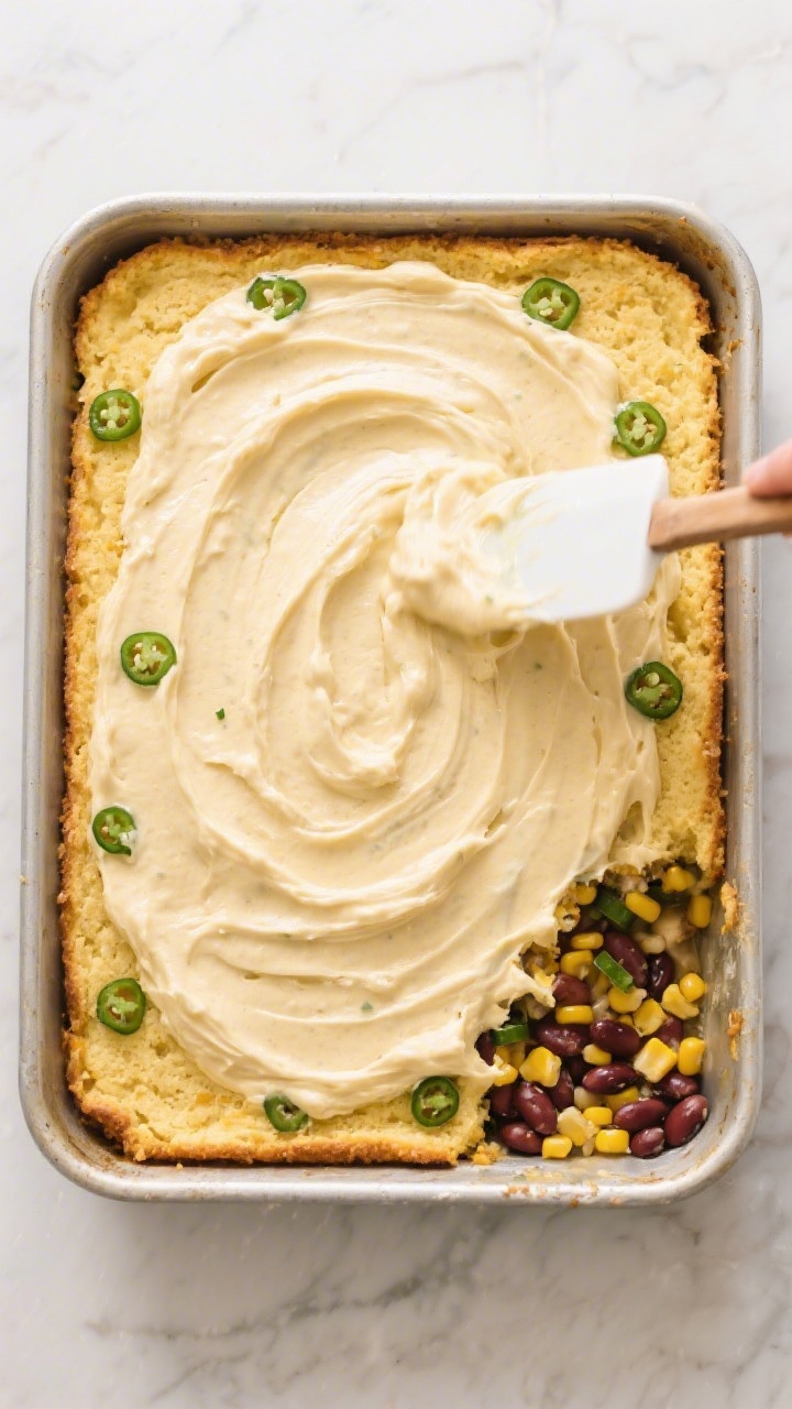 Cooking process: Overhead shot of the casserole just topped with cornbread batter in a greased 9x13