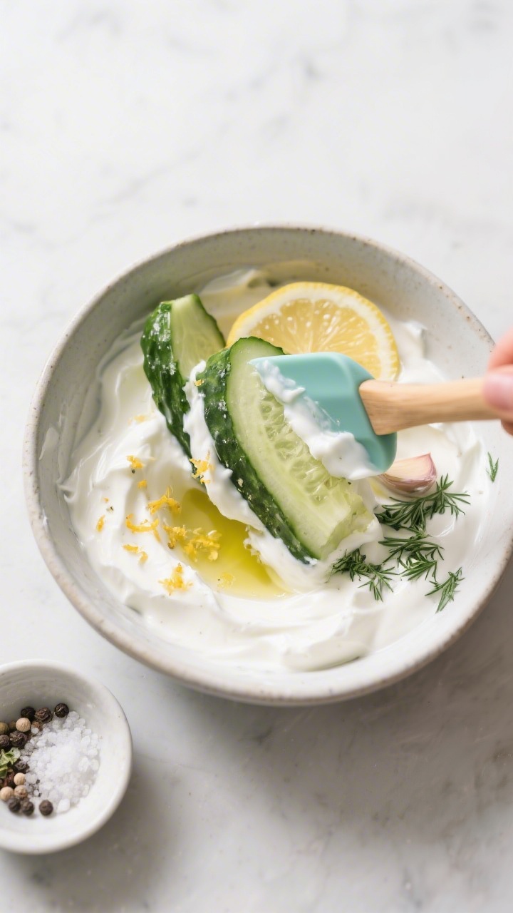 Cooking process: Overhead shot of the drained, squeezed cucumber being folded into the seasoned yogu