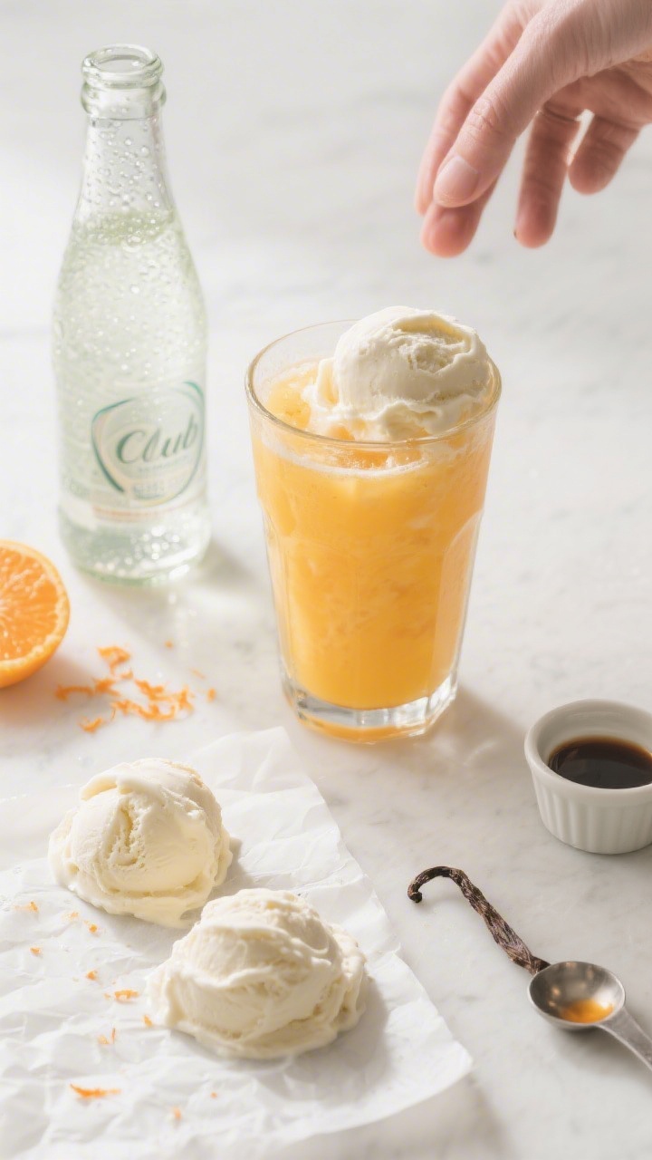 Cooking process: Overhead shot of the float assembly stage—chilled tall glass with tangerine juice