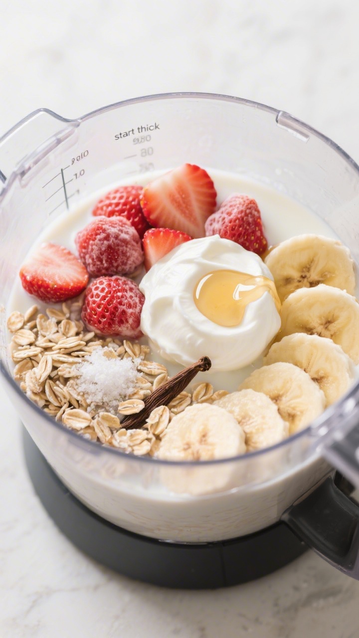 Cooking process: Overhead shot of the hydrated oats and milk stage in a blender just before blending