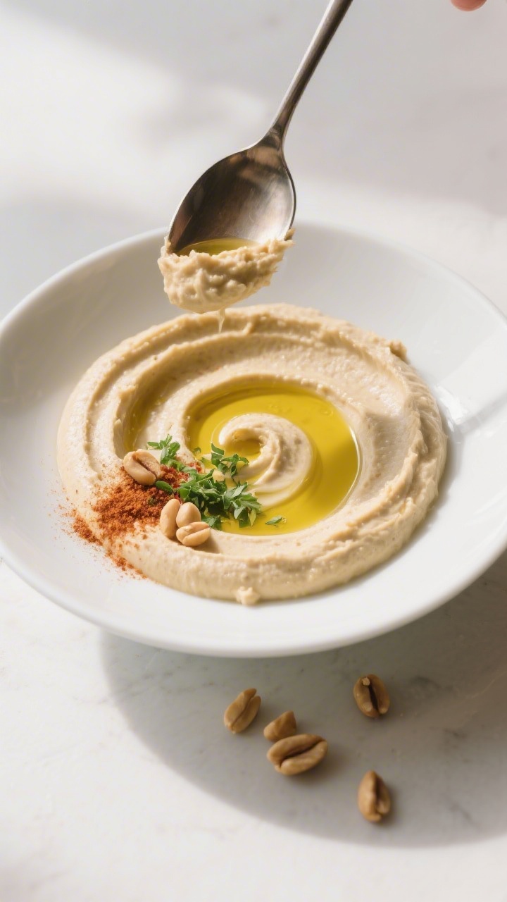 Cooking process: Overhead shot of the just-finished hummus being spooned into a shallow white bowl,