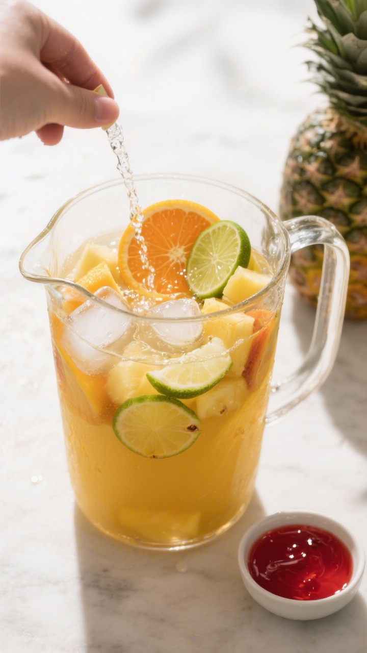 Cooking process: Overhead shot of the punch base being mixed in a clear glass pitcher—pineapple ju