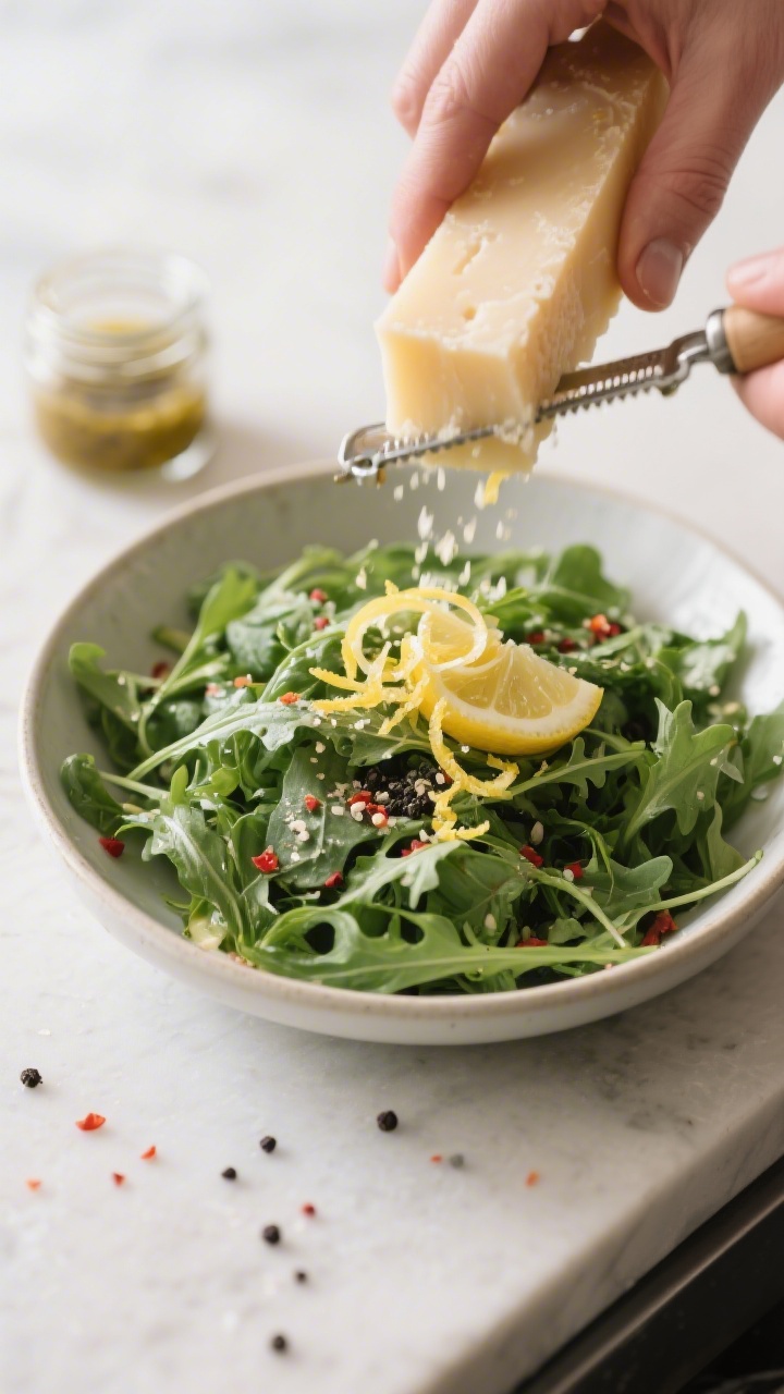Cooking process: Overhead shot of the salad being finished in the bowl—arugula already lightly coa