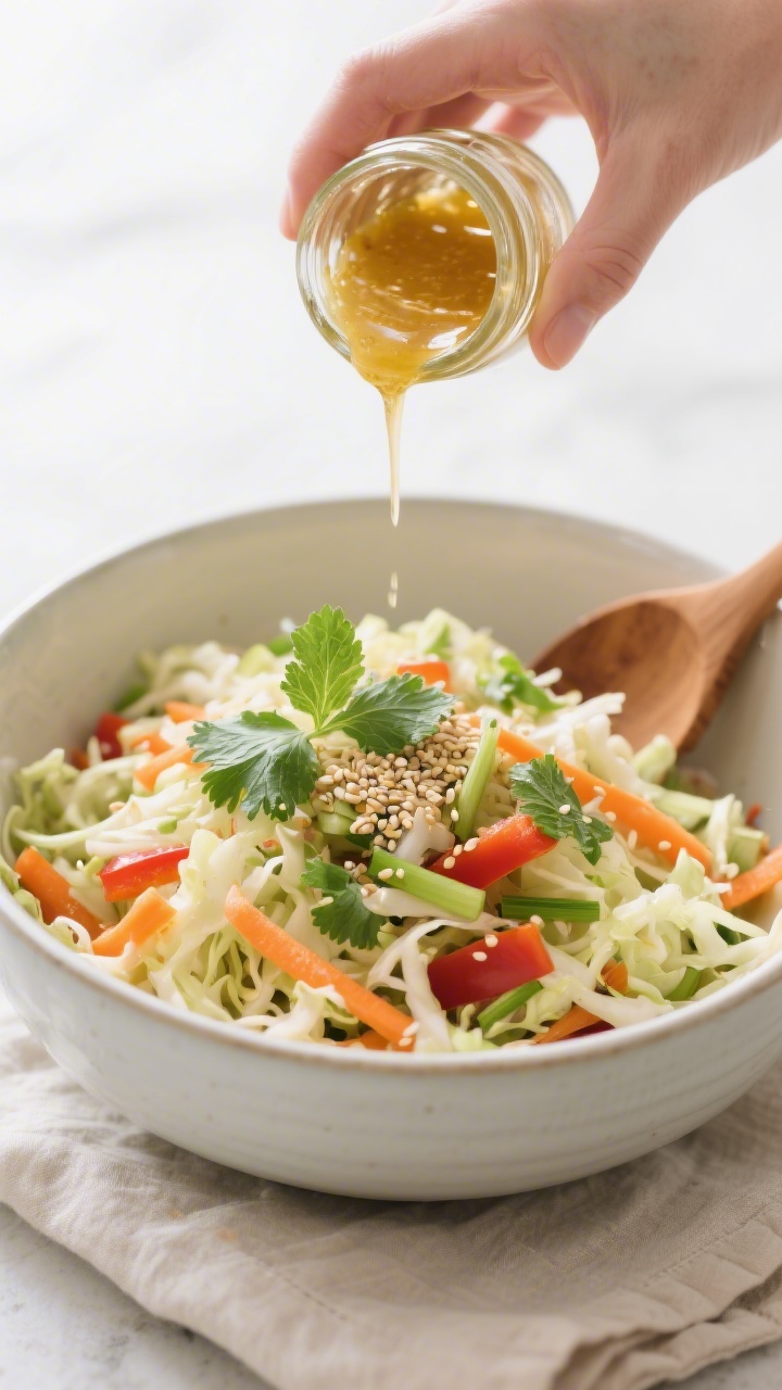 Cooking process: Overhead shot of the slaw being dressed in a large mixing bowl—stream of golden g