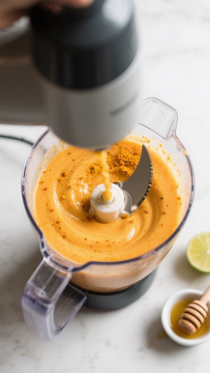 Cooking process: Overhead shot of the smoothie blending to a perfectly creamy consistency in a high-