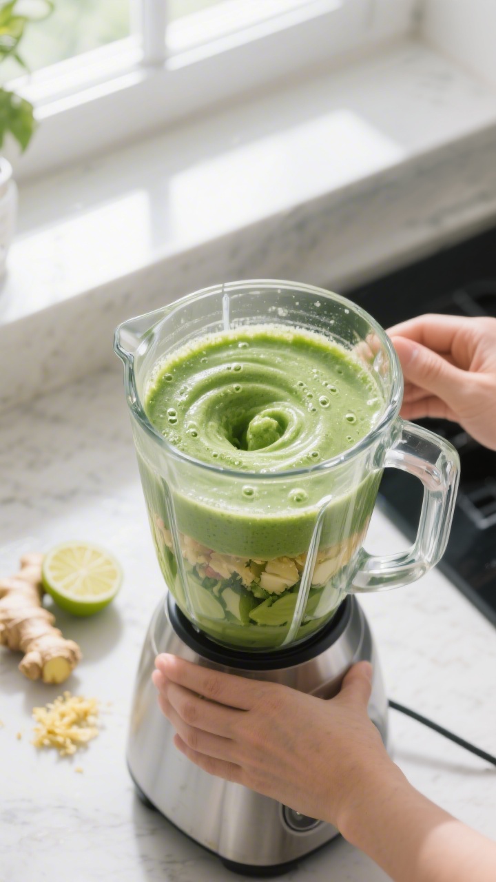Cooking process: Overhead shot of the smoothie blending stage—transparent blender jar filled with