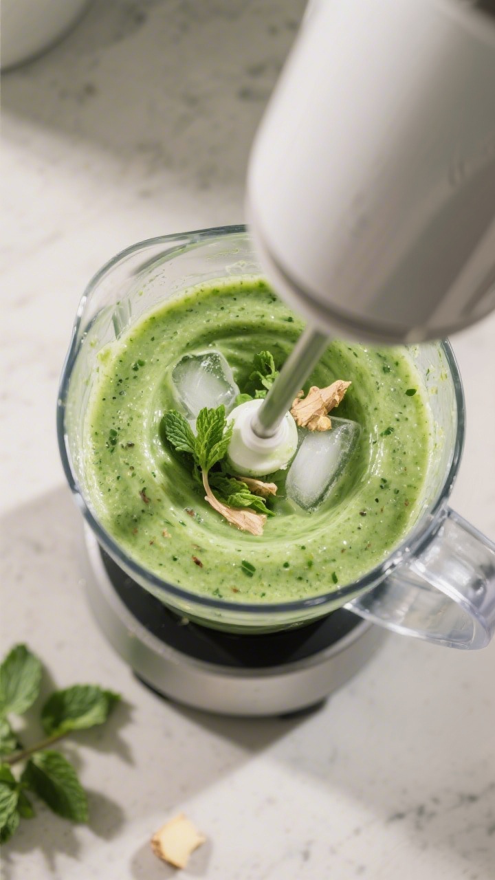 Cooking process: Overhead shot of the smoothie blending phase in a high-speed blender jar, showing a