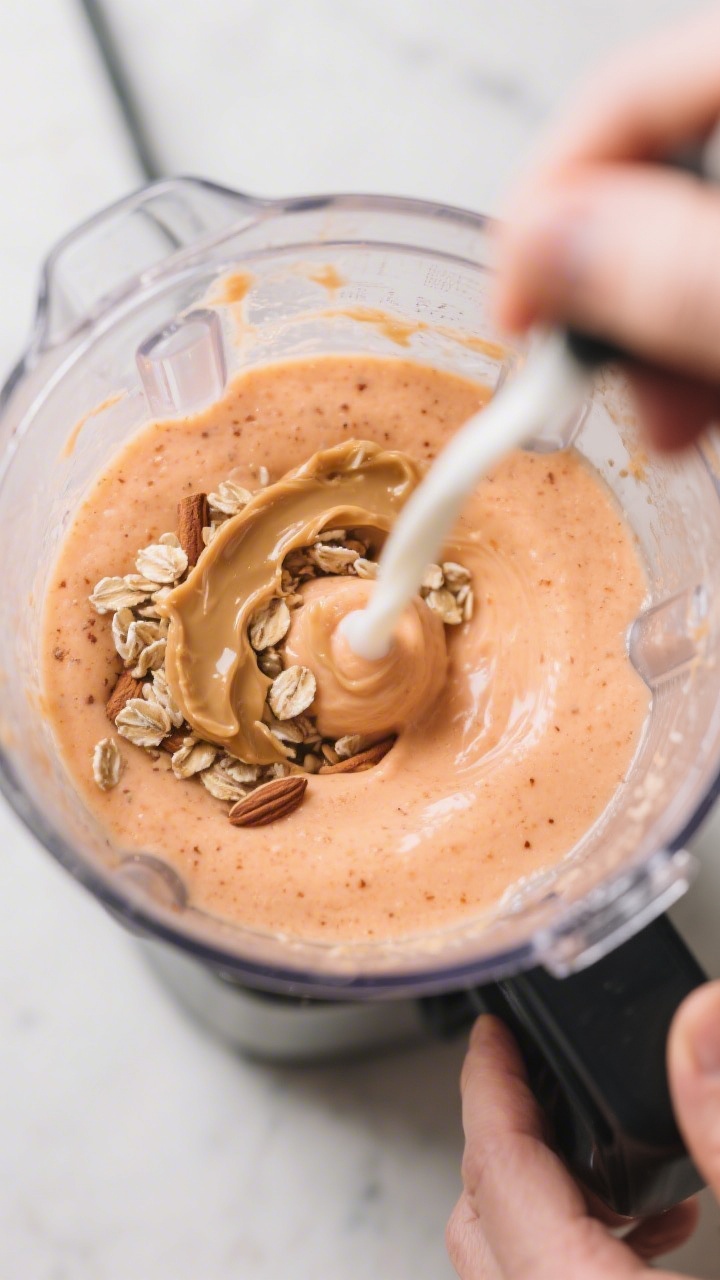 Cooking process: Overhead shot of the smoothie in a high-speed blender mid-whirl, showing a luscious